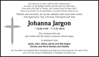 Traueranzeige von Johanna Jargon von  Wiesbaden komplett