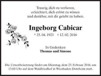 Traueranzeige von Ingeborg Cabicar von  Wiesbaden komplett