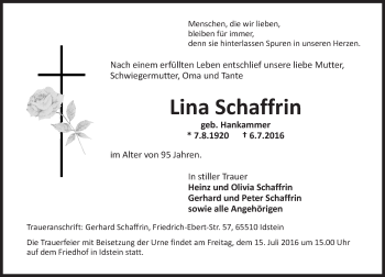 Traueranzeige von Lina Schaffrin von Trauerportal Rhein Main Presse