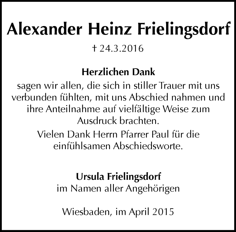  Traueranzeige für Alexander Heinz Frielingsdorf vom 23.04.2016 aus  Wiesbaden komplett