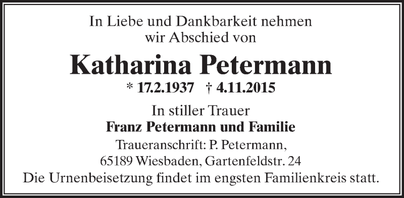  Traueranzeige für Katharina Petermann vom 18.11.2015 aus  Wiesbaden komplett