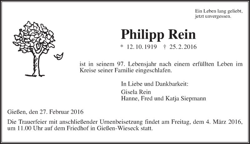  Traueranzeige für Philipp Rein vom 27.02.2016 aus  Gießener Anzeiger