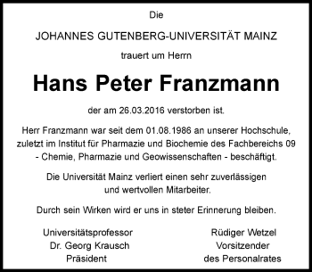 Traueranzeige von Hans Peter Franzmann von  Allgemeine Zeitung Mainz