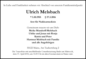 Traueranzeige von Ulrich Melsbach von  Allgemeine Zeitung Mainz