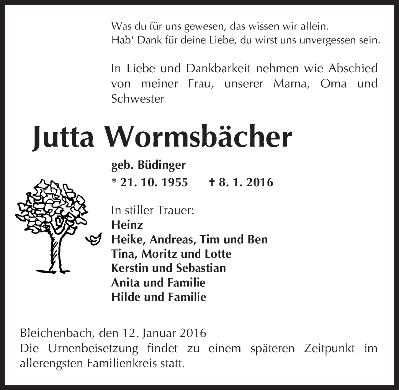  Traueranzeige für Jutta Wormsbächer vom 12.01.2016 aus  Kreisanzeiger