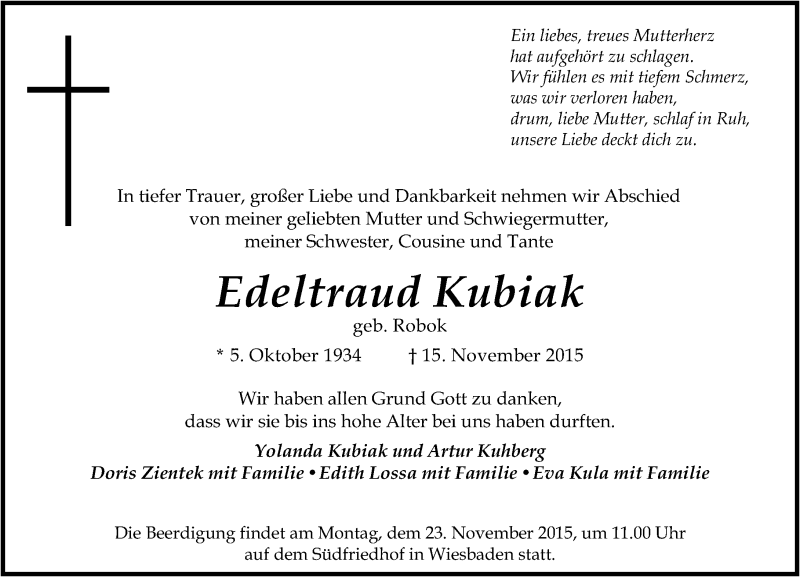  Traueranzeige für Edeltraud Kubiak vom 21.11.2015 aus  Wiesbaden komplett