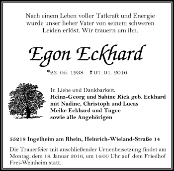 Traueranzeige von Egon Eckhard von  Allgemeine  Zeitung Ingelheim-Bingen
