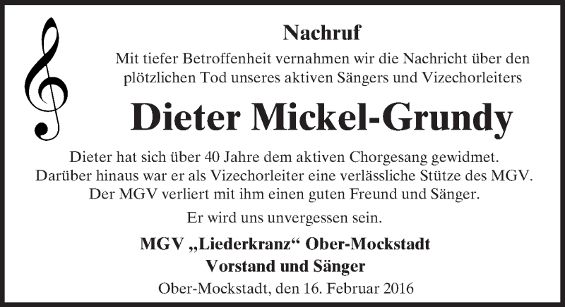  Traueranzeige für Dieter Mickel-Grundy vom 16.02.2016 aus  Kreisanzeiger