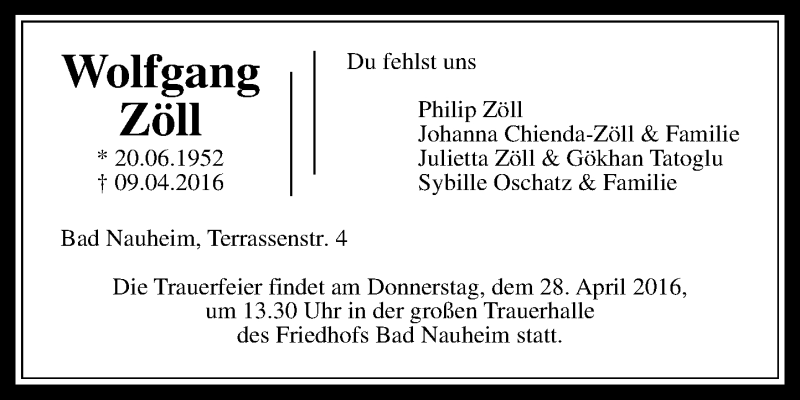  Traueranzeige für Wolfgang Zöll vom 23.04.2016 aus  Gießener Anzeiger