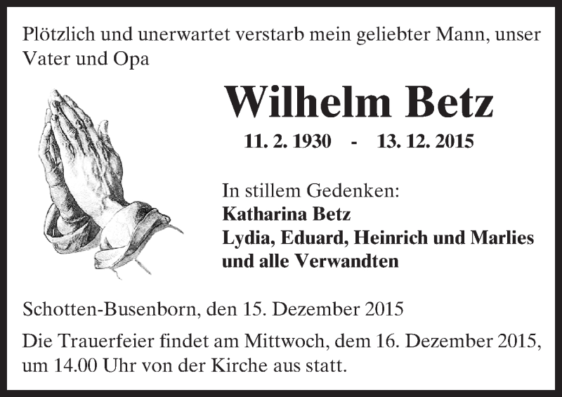  Traueranzeige für Wilhelm Betz vom 15.12.2015 aus  Kreisanzeiger