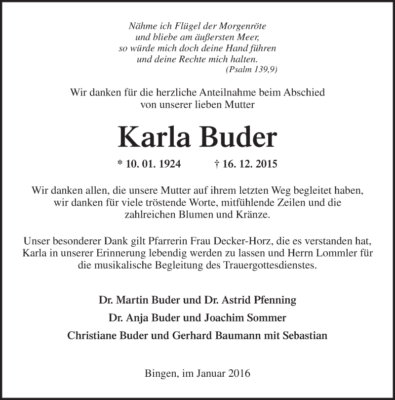  Traueranzeige für Karla Buder vom 30.01.2016 aus  Allgemeine Zeitung Mainz