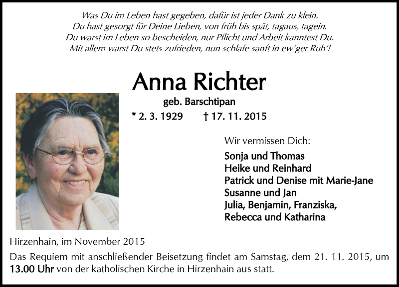  Traueranzeige für Anna Richter vom 20.11.2015 aus  Kreisanzeiger