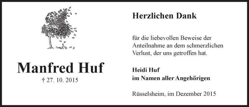  Traueranzeige für Manfred Huf vom 09.12.2015 aus  Mainspitze