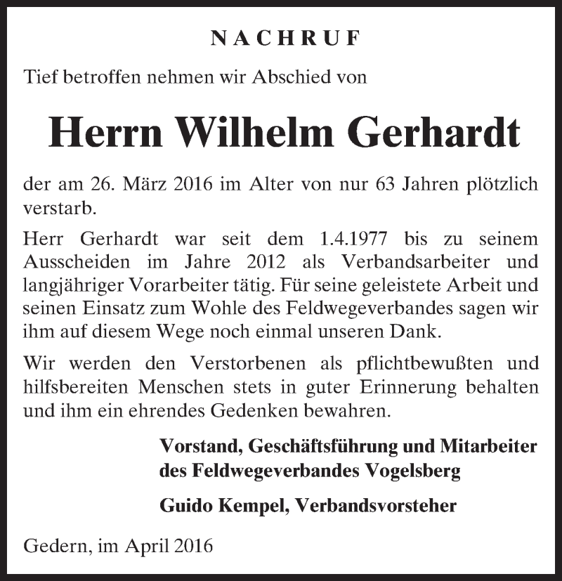  Traueranzeige für Wilhelm Gerhardt vom 02.04.2016 aus  Kreisanzeiger
