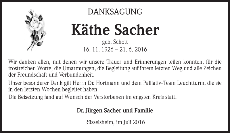  Traueranzeige für Käthe Sacher vom 27.07.2016 aus Trauerportal Rhein Main Presse