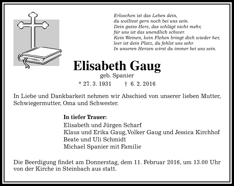  Traueranzeige für Elisabeth Gaug vom 10.02.2016 aus  Gießener Anzeiger