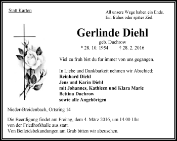 Traueranzeige von Gerlinde Diehl von VRM Trauer
