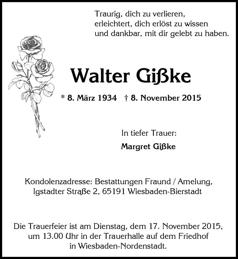  Traueranzeige für Walter Gißke vom 14.11.2015 aus  Wiesbaden komplett