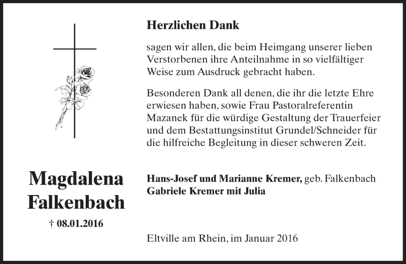  Traueranzeige für Magdalena Falkenbach vom 26.01.2016 aus  Rheingau