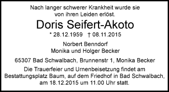 Traueranzeige von Doris Seifert-Akoto von  WK-UTA/Aar-Bote
