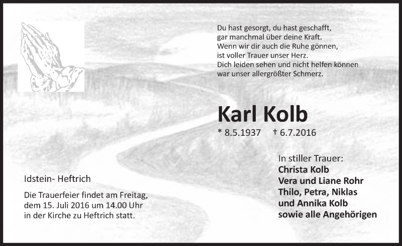  Traueranzeige für Karl Kolb vom 12.07.2016 aus Trauerportal Rhein Main Presse