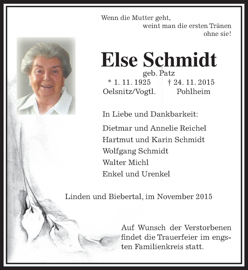  Traueranzeige für Else Schmidt vom 28.11.2015 aus  Gießener Anzeiger