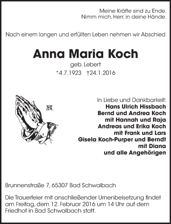 Traueranzeige von Anna Maria Koch von  WK-UTA/Aar-Bote