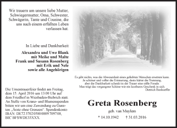 Traueranzeige von Greta Rosenberg von  Wiesbaden komplett