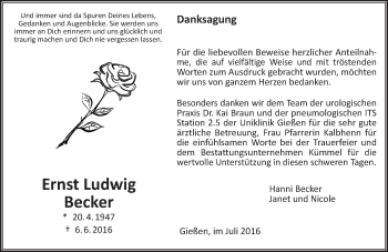 Traueranzeige von Ernst Ludwig Becker von  Gießener Anzeiger