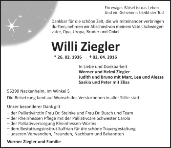 Traueranzeige von Willi Ziegler von  Landskrone