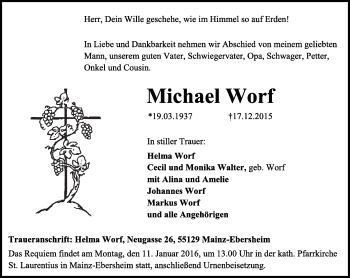 Traueranzeige von Michael Worf von  Allgemeine Zeitung Mainz