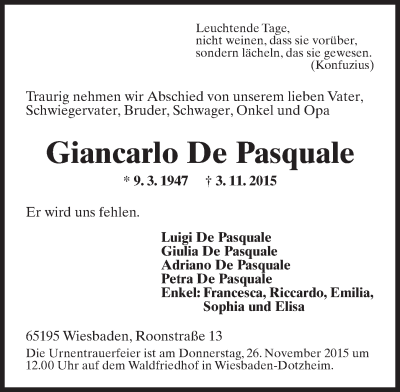  Traueranzeige für Giancarlo De Pasquale vom 21.11.2015 aus  Wiesbaden komplett