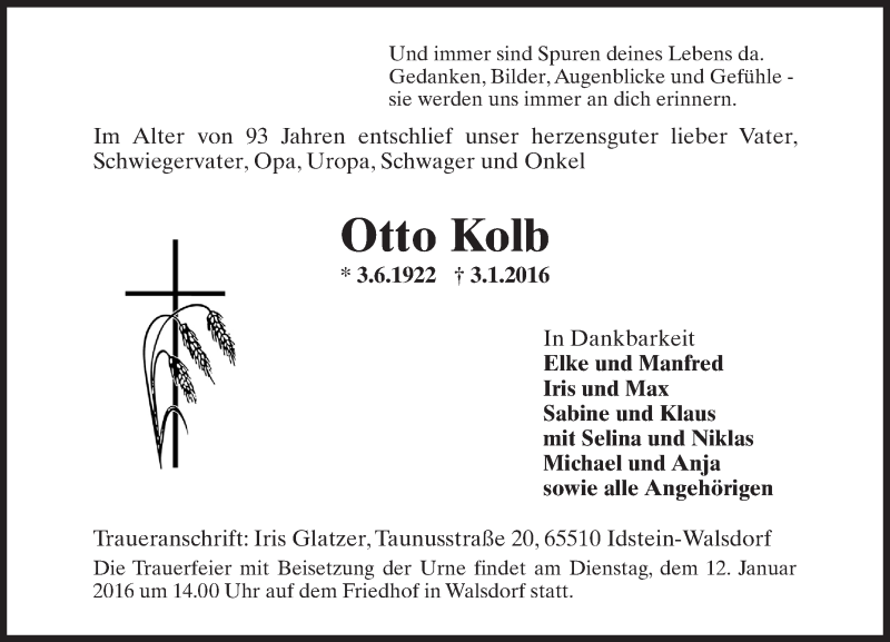  Traueranzeige für Otto Kolb vom 09.01.2016 aus  Idsteiner Zeitung
