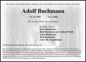 Traueranzeige von Adolf Buchmann von  Allgemeine Zeitung Mainz