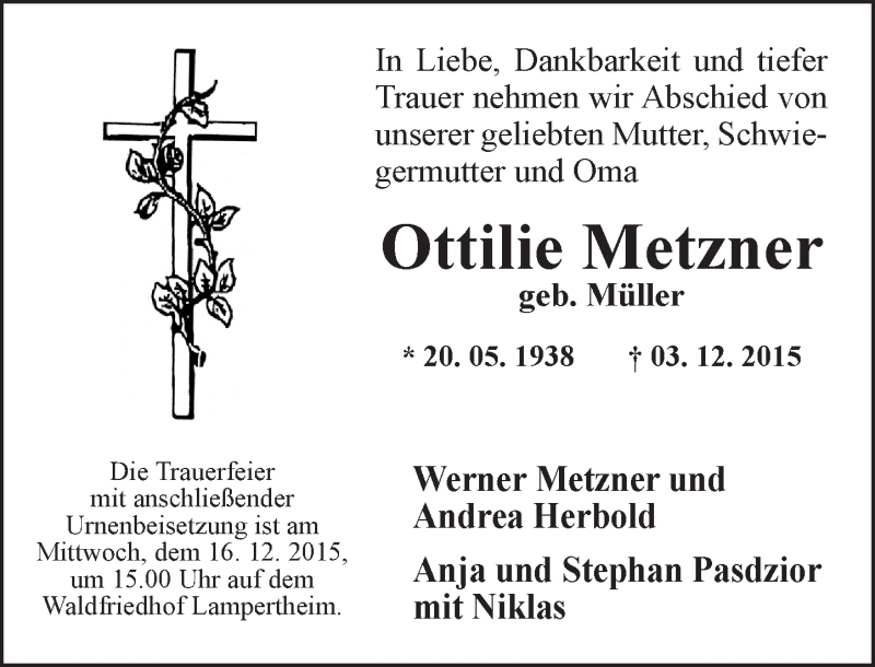  Traueranzeige für Ottilie Metzner vom 12.12.2015 aus  Bürstädter Zeitung
