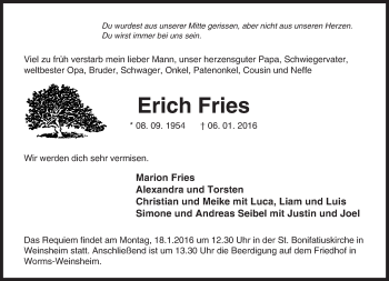 Traueranzeige von Erich Fries von  Wormser Zeitung