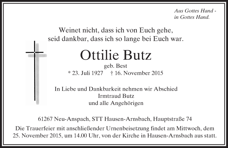  Traueranzeige für Ottilie Butz vom 21.11.2015 aus  Usinger Anzeiger