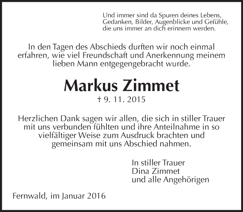  Traueranzeige für Markus Zimmet vom 02.01.2016 aus  Gießener Anzeiger