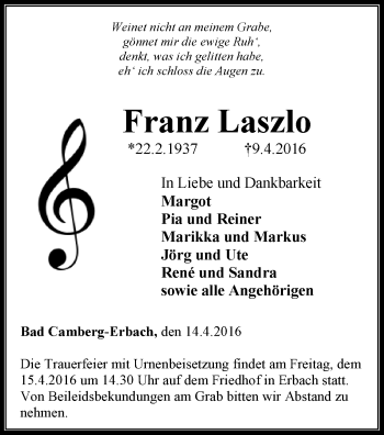 Traueranzeige von Franz Laszlo von  Camberger Anzeiger