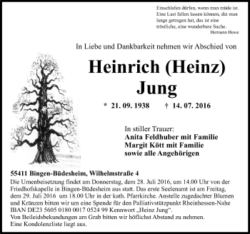 Traueranzeige von Heinrich Jung von Trauerportal Rhein Main Presse