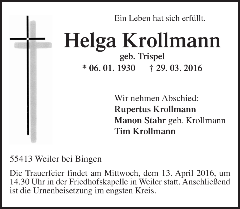  Traueranzeige für Helga Krollmann vom 12.04.2016 aus  Allgemeine  Zeitung Ingelheim-Bingen