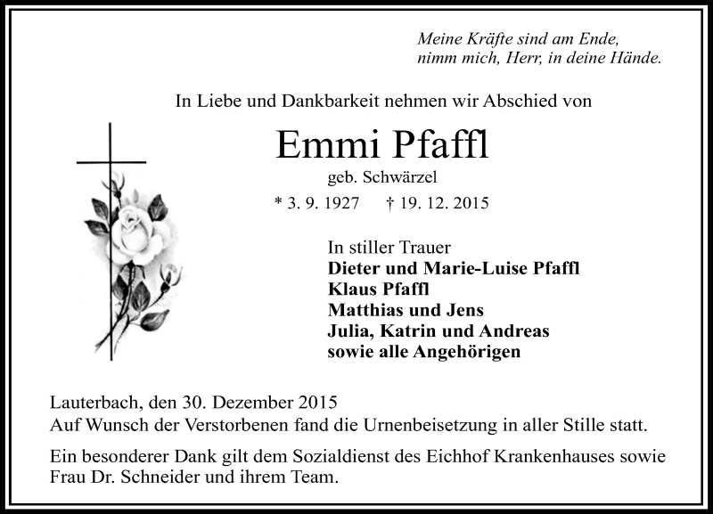  Traueranzeige für Emmi Pfaffl vom 30.12.2015 aus VRM Trauer