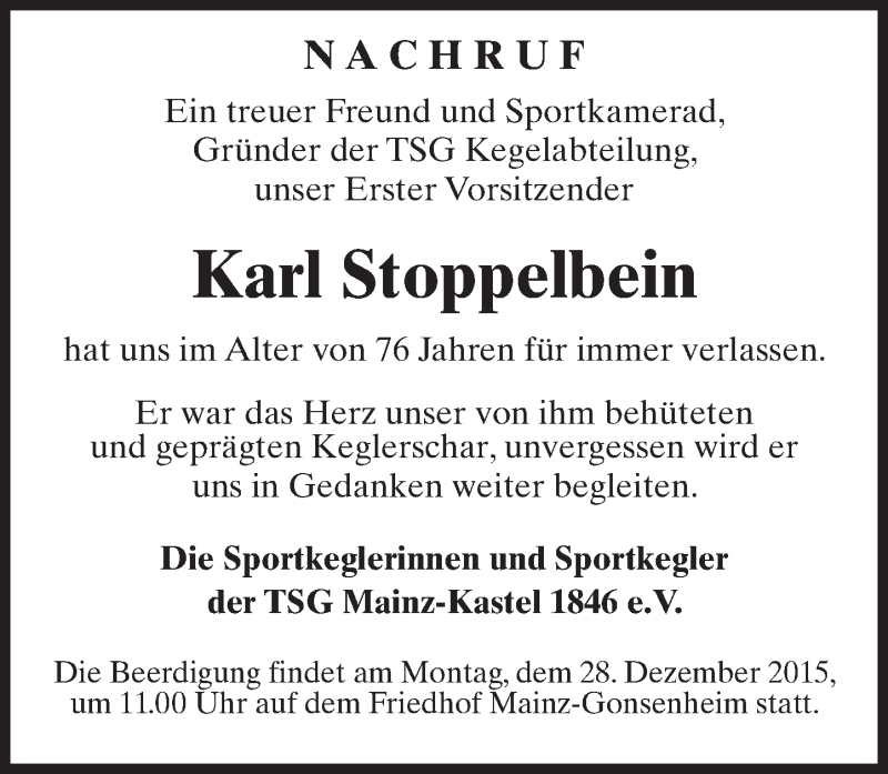  Traueranzeige für Karl Stoppelbein vom 23.12.2015 aus  Allgemeine Zeitung Mainz