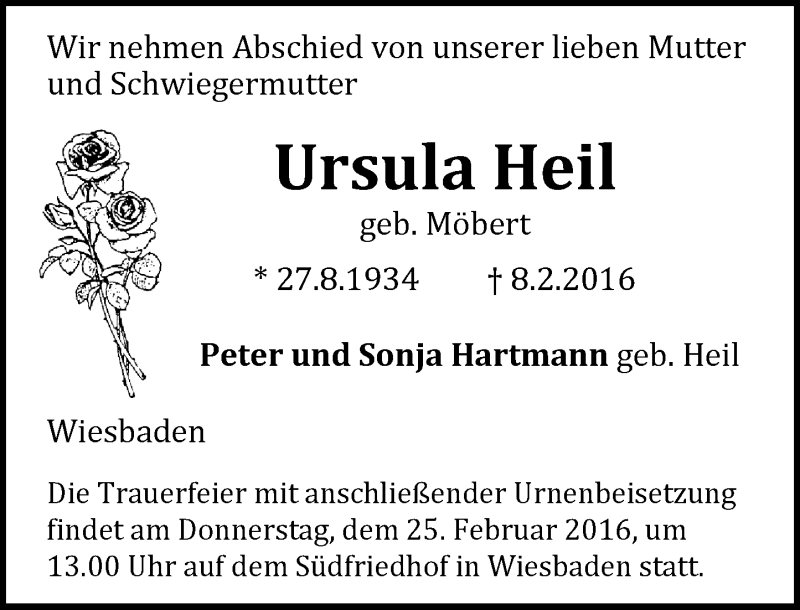  Traueranzeige für Ursula Heil vom 17.02.2016 aus  Wiesbaden komplett