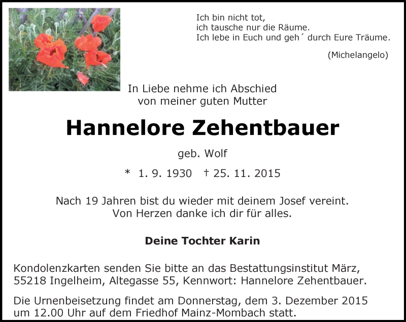  Traueranzeige für Hannelore Zehentbauer vom 28.11.2015 aus  Allgemeine  Zeitung Ingelheim-Bingen
