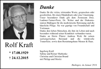 Traueranzeige von Rolf Kraft von  Sonntags Anzeiger
