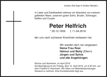 Traueranzeige von Peter Helfrich von  Wormser Zeitung