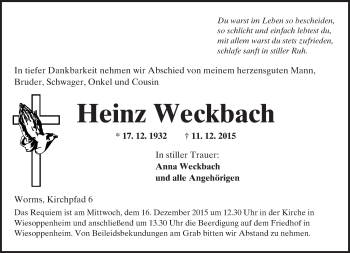 Traueranzeige von Heinz Weckbach von  Wormser Zeitung