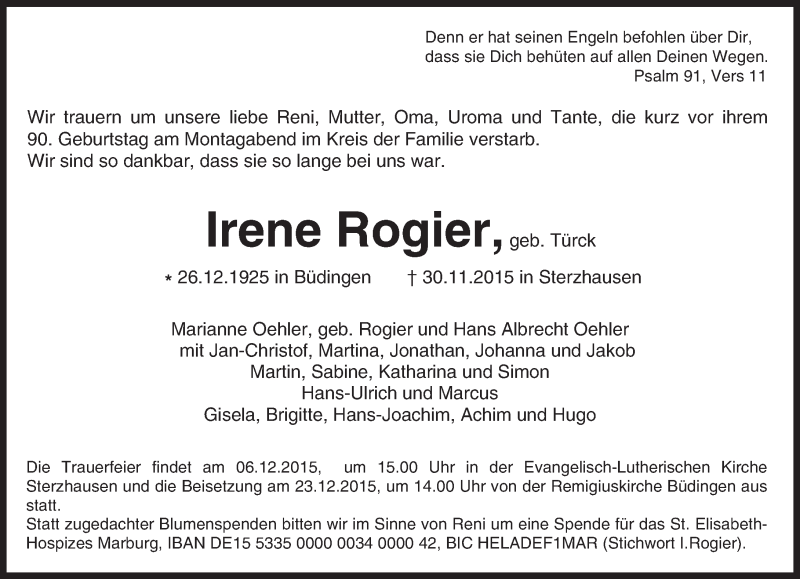  Traueranzeige für Irene Rogier vom 05.12.2015 aus  Kreisanzeiger