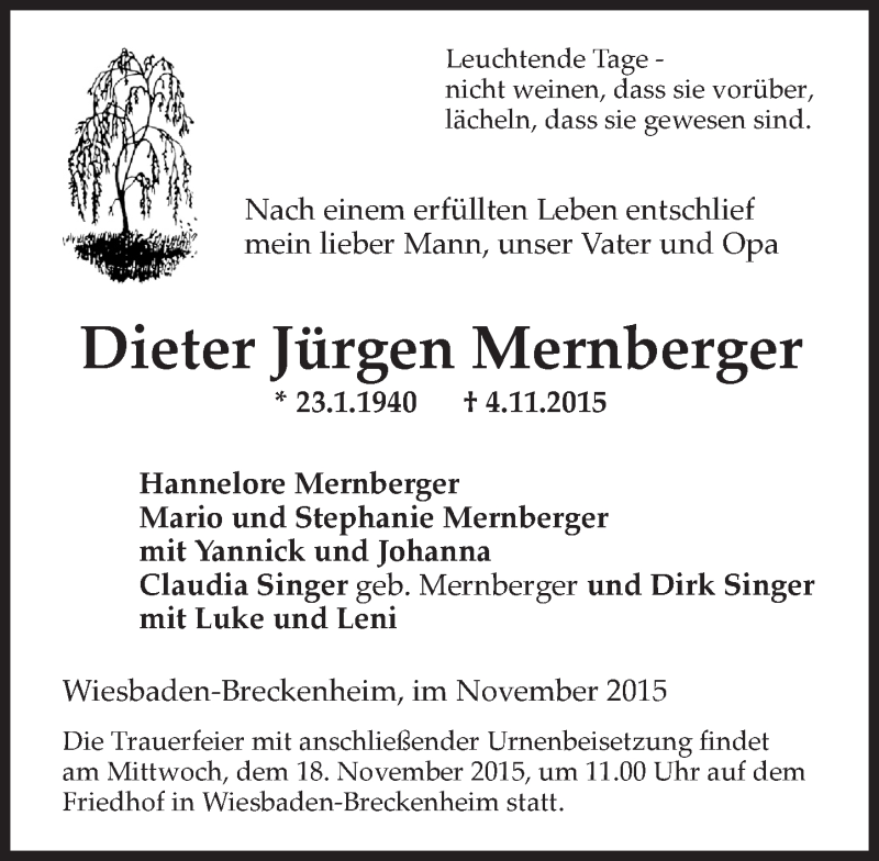  Traueranzeige für Dieter Jürgen Mernberger vom 14.11.2015 aus  Wiesbaden komplett